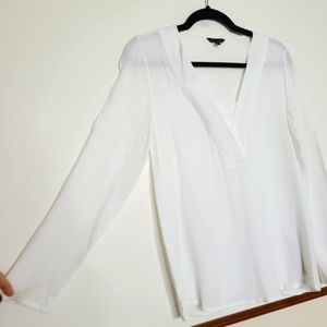 Massimo Dutti White V-Neck Long Sleeve Blouse Top Shirt